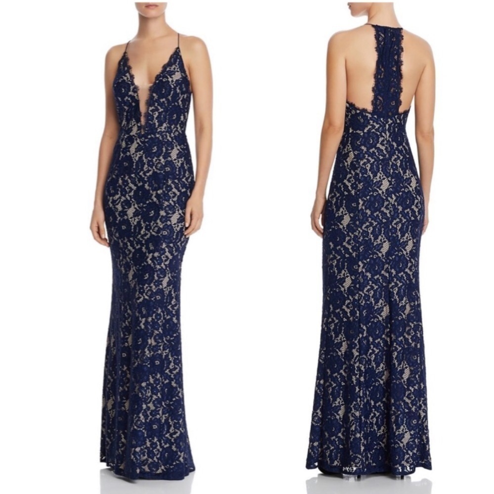 NWT Aidan by Aidan Mattox Lace V-Neck Mermaid Evening Dress Gown in Navy/nude